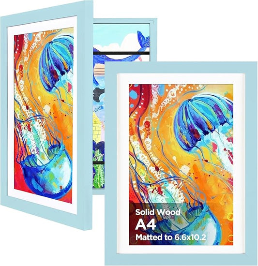 KINLINK A4 Kids Art Frames Set of 2, Solid Wood Kids Artwork Frames Changeable with Acrylic Front Opening Holds 150 Pictures, Art Frame for Kids Artwork with Mat or without Mat, Light Blue