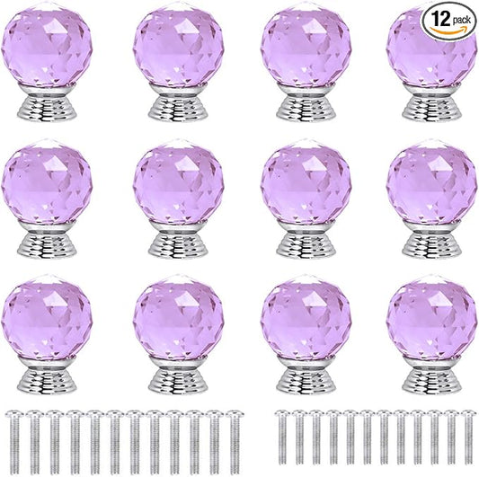 12 Pcs 30mm Round Shape Crystal Glass Cabinet Knobs with Screws Drawer Knob Pull Handle Used for Kitchen, Dresser, Door, Cupboard(Purple)