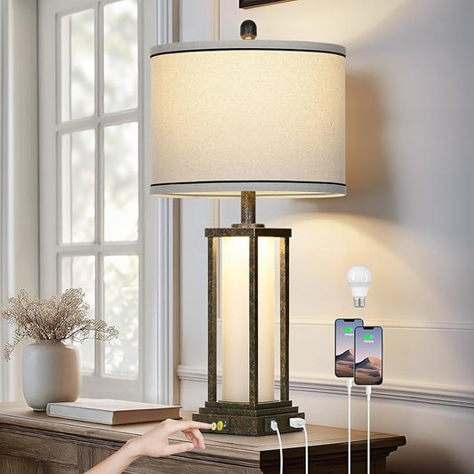 27in Tall Farmhouse Table Lamp with USB C+A & Outlet,Bronze Industrial End Table Lamp for Living Room,Vintage Rustic Bedside Lamp with Night Light for Bedroom Nightstand,Single Bronze
