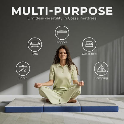 Cozzzi Trifold Mattress for Floor and Traveling with Removable Cover - Lightweight and Portable Mattress for Adults & Kids - Compact and Easy to Storage (75in x 31in x 4in, Navy)