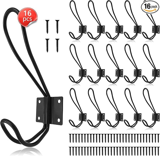 Rustic Entryway Hooks-16 Pack Farmhouse Hooks with Metal Screws Included, Black Decorative Wall Mounted Rustic Coat Hooks Rack, Double Vintage Organizer Hanging Wire Hook Clothes Hanger