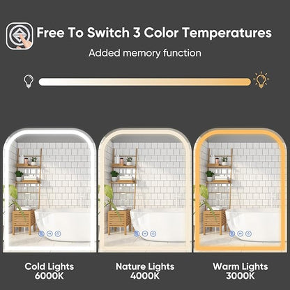 LED Bathroom Mirror, 40"x 30" LED Mirror with Lights for Bathroom, Lighted Vanity Mirrors for Wall, Anti-Fog, Dimmable, Tempered Glass, Memory Function, 3 Colors, Safe Use (White)