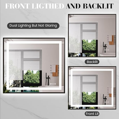 LED Bathroom Mirror,32"x36" Mirror with Black Frame, Front Light and Backlit, Stepless Dimmable, Anti-Fog, Shatter-Proof, Memory, 3 Colors, Double LED Vanity Mirror