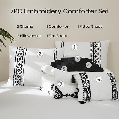 MaiRêve Embroidery Comforter Set King Size 7 Pieces, Boho Farmhouse Western Bedding All Season Bed in A Bag, White Black King Comforter Set with Sheets, Pillowcases & Shams
