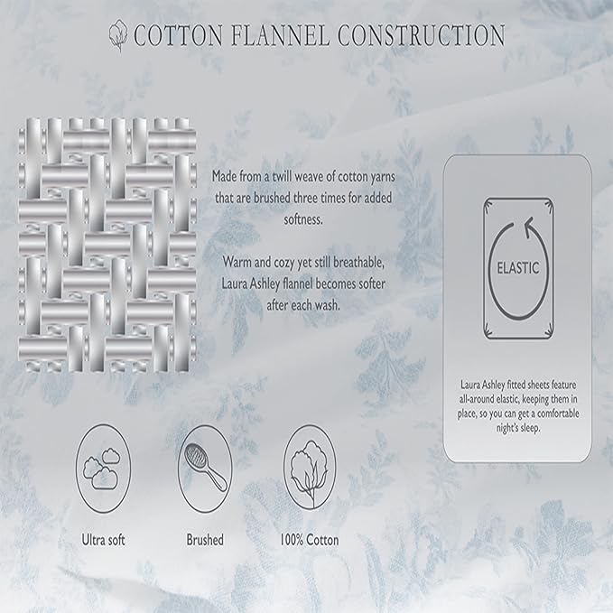 Laura Ashley - Flannel Sheets Queen Size, Anti-Pilling & Wrinkle Resistant Cotton, Touchably Soft for All-Season Comfort - Bed Sheets with Matching Pillowcases & Fitted Sheet (Rosalie Grey)