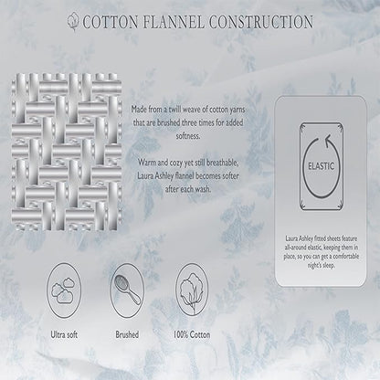 Laura Ashley - Flannel Sheets Full Size, Anti-Pilling & Wrinkle Resistant Cotton, Touchably Soft for All-Season Comfort - Bed Sheets with Matching Pillowcases & Fitted Sheet (Vanessa Blue)