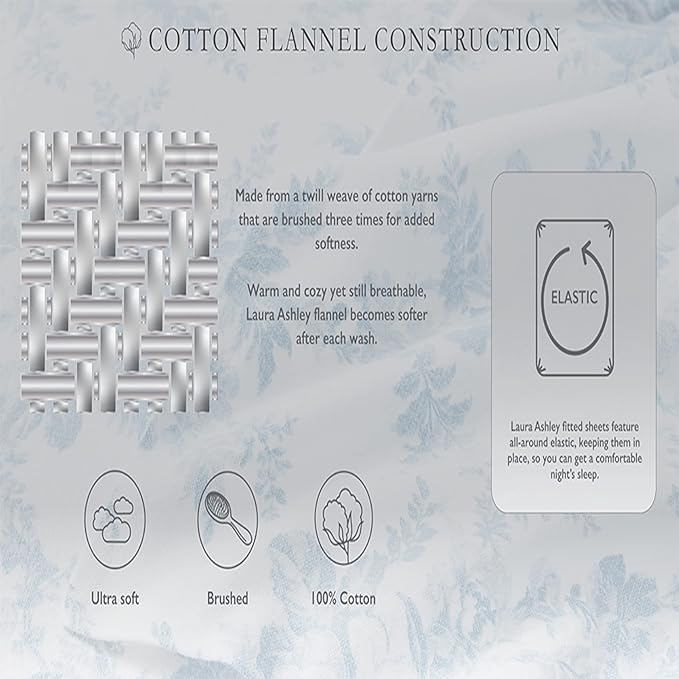 Laura Ashley - Flannel Sheets Twin Size, Anti-Pilling & Wrinkle Resistant Cotton, Touchably Soft for All-Season Comfort - Bed Sheets with Matching Pillowcase & Fitted Sheet (Fawna Grey)