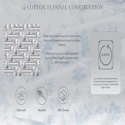 Laura Ashley - Flannel Sheets Twin Size, Anti-Pilling & Wrinkle Resistant Cotton, Touchably Soft for All-Season Comfort - Bed Sheets with Matching Pillowcase & Fitted Sheet (Fawna Grey)
