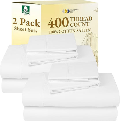 California Design Den 2-Pack 100% Cotton King Size Sheets Set 400 Thread Count Sateen - Extra Soft, Breathable & Cooling Sheets, Wrinkle Resistant, 2 Sets of Deep Pocket Bed Sheets - Antique White