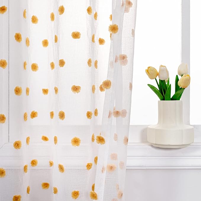 MYSKY HOME Short Curtains for Bedroom 54 Inches Long Burnt Orange Pom Pom White Sheer Curtains Kitchen Bathroom Nursery Boys Kids Room Rod Pocket 2 Pieces Small Window 52" x 54"