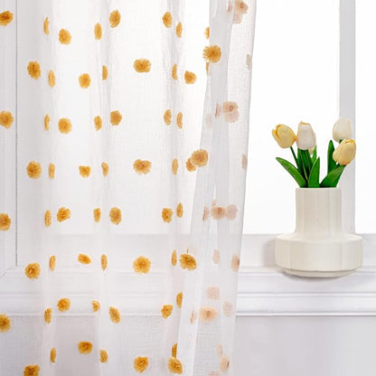 MYSKY HOME Short Curtains for Bedroom 54 Inches Long Burnt Orange Pom Pom White Sheer Curtains Kitchen Bathroom Nursery Boys Kids Room Rod Pocket 2 Pieces Small Window 52" x 54"