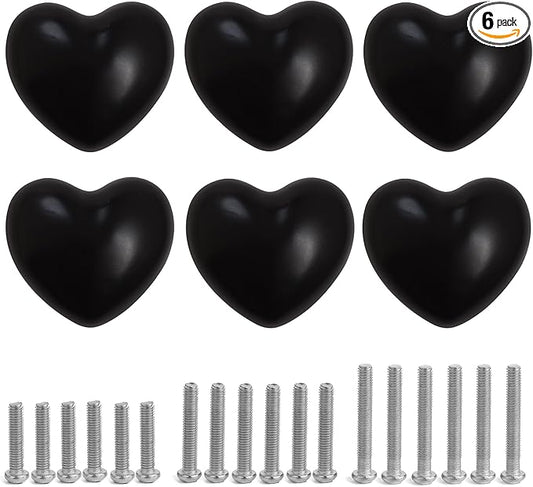 Ceramic Drawer Knobs Heart Shape Cabinet Dresser Pulls Handles with 3 Sized Screws, Kitchen Furniture Knobs for Closet Cupboard Wardrobe (6, Black)
