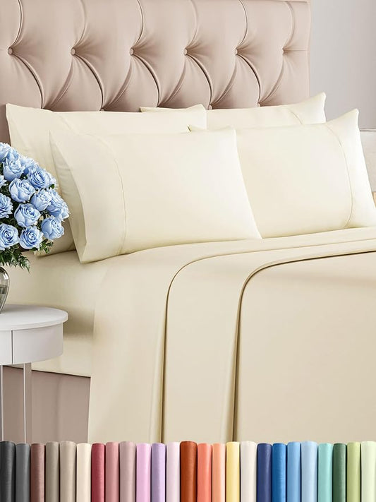 Queen Sheets Set 6 Piece - Includes 4 Pillowcases - Bed Sheets Queen Size - Soft Hotel Luxury Bedding - Cooling, Comfy, Cozy & Breathable - 1 Flat, 1 Fitted & 4 Pillowcases w/ Deep Pockets - Off White