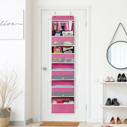 Univivi 6-Shelf Over Door Hanging Organizer Fabric Baby Door Storage with 5 Large Pockets and 3 Small PVC Pockets Wall Mount Hanging Storage Organizers for Baby Essential (Pink)