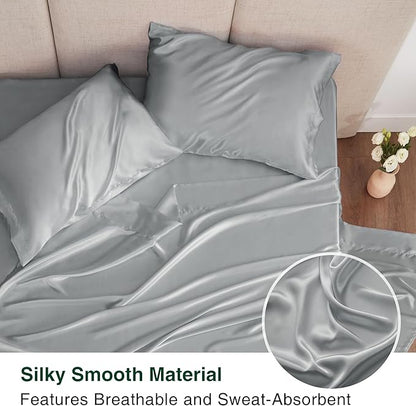 Love's cabin Twin Satin Sheets Sets - 3 Piece Silver Silky Bed Sheets with Deep Pockets, Luxury Silk Feel Satin Twin Size Sheet Set Bedding Set (1 Flat Sheet,1 Fitted Sheet,1 Pillow case)