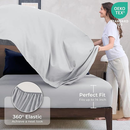 HEVUMYI Twin-XL Comforter Set - 5-Piece All Season Bed in a Bag Twin-XL, Ultra Soft Bedding Set with Comforter, Flat Sheet, Fitted Sheet, Pillowcases, Pillow Shams, Navy Blue & Light Grey