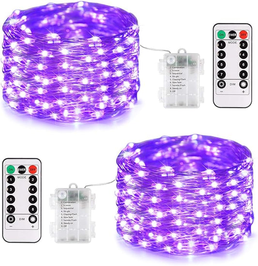 JMEXSUSS 2 Pack Christmas Fairy Lights Battery Operated, Total 200 LED 66ft Purple Christmas Lights with Remote, 8 Modes Twinkle String Lights Light for Halloween Tree Indoor Outdoor Decorations