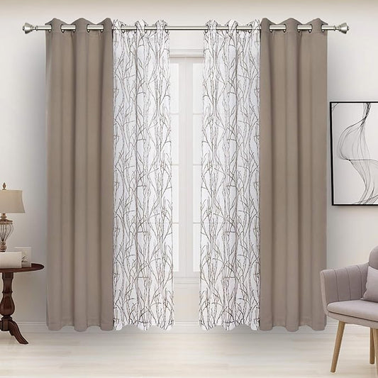 BONZER Mix and Match Curtains - 2 Pieces Branch Print Sheer Curtains and 2 Pieces Blackout Curtains for Bedroom Living Room Grommet Window Drapes, 37x95 Inch/Panel, Taupe, Set of 4 Panels