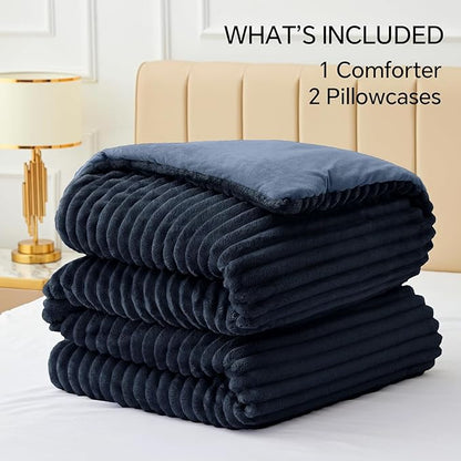 BEDELITE Fleece Full Comforter Set -Super Soft & Warm Fluffy Navy Blue Bedding, Luxury Fuzzy Heavy Bed Set for Winter with 2 Pillow Cases