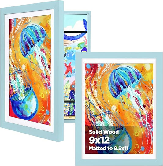 KINLINK 9x12 Kids Art Frames Set of 2, Solid Wood Kids Artwork Frames Changeable with Acrylic Front Opening Holds 150 Pictures, Art Frame for Kids Artwork with Mat or without Mat, Light Blue