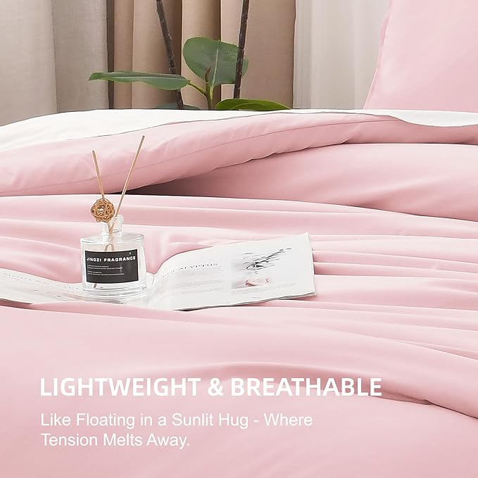 Litanika Pink Comforter Set Queen Size, 3 Pieces Lightweight Soft Fluffy Solid Bedding Set, All Season Bed Set (90x90In Comforter & 2 Pillowcases)