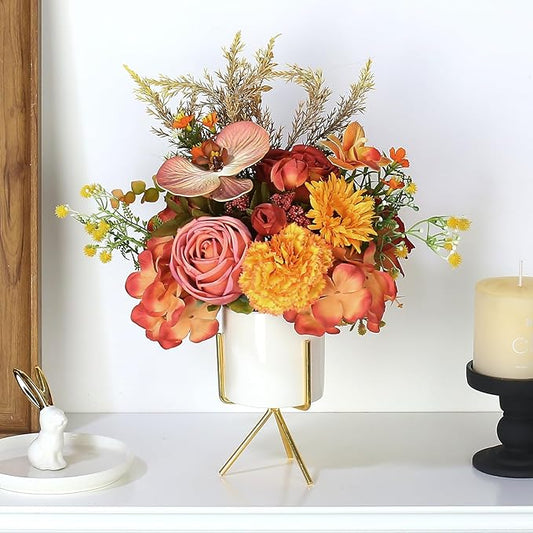 Artificial Orange Carnation and Orchid Flower Arrangement in White Ceramic Vase with Gold Stand (Orange)