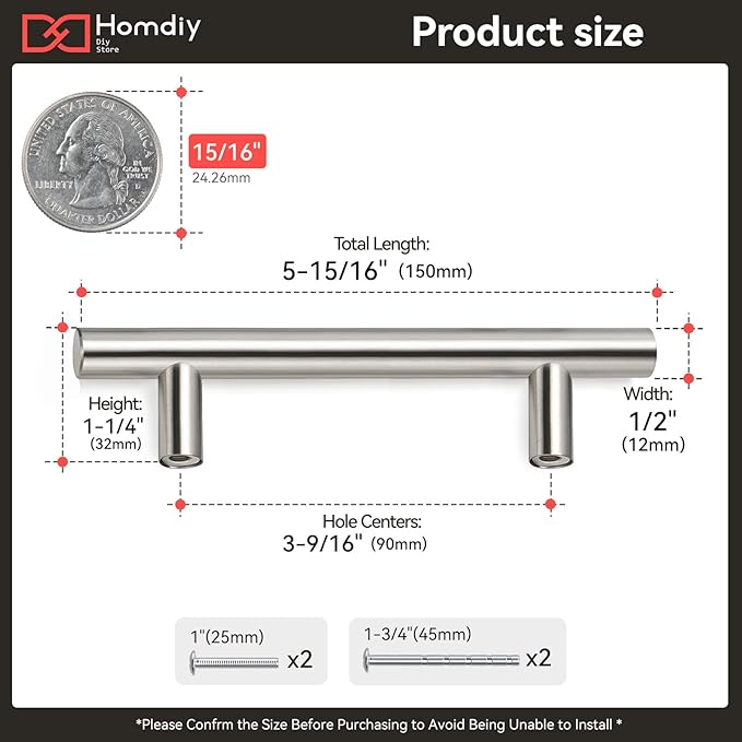 homdiy Kitchen Cabinet Pulls Cabinet Hardware -HD201BSS 1Pack 3-1/2in(90mm) Hole Centers Bathroom Cabinet Handles