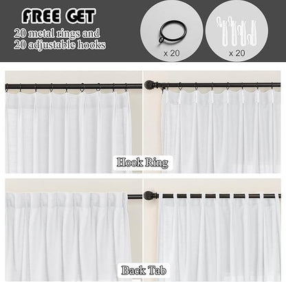 White Sheer Linen Pinch Pleated Sliding Door Curtains, 2x50 Inches Width, Cotton Look Light Filtering Drapes 96 Inches Long, Soft Textured Modern Farmhouse Window Curtain Panels