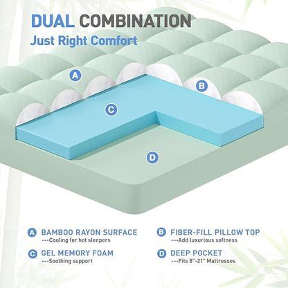 Dual Layer 3 Inch Memory Foam Mattress Topper California King Size, 2 Inch Gel Memory Foam Plus 1 Inch Cooling Pillow Top Mattress Pad Cover, with 8-21 Inch Deep Pocket, Green