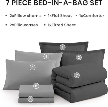 Monbix Queen Comforter Set - 7 Pieces Cationic Dyeing Dark Grey Bed in a Bag Queen Bedding Sets with Comforter, Sheets, Pillowcases & Shams, Reversible Bedding Comforters Sets