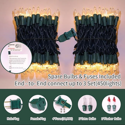 LAMPHOME Super-Bright Extendable Warm White Christmas Lights Decoration 300Lights 63.8ft(2pk of 150L) UL Certified Mini Bulb String Lights Set for Outdoor Christmas Tree Garden Holiday Party Decor