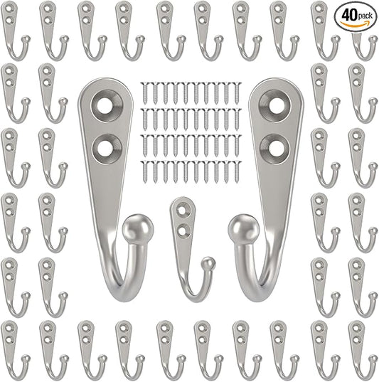 POZEAN 40 Pack Wall Hooks - Silver Coat and Towel Hooks with 80 Screws, for Hanging Coats, Scarves, Bags, Towels, Keys, Caps, Cups, Hats and More