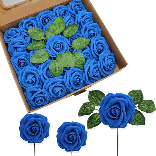 JOYLEX 100Pcs Royal Blue Artificial Flowers Realistic Roses, Real Looking Fake Roses with Stem for DIY Wedding Bouquets Centerpieces Bridal Shower Party Home Romantic Decorations (Blue, 100pcs)