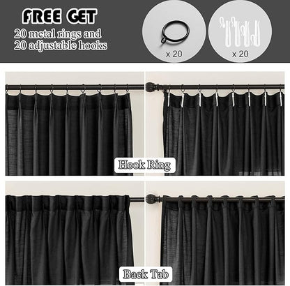Black Linen Sheer Pinch Pleated Sliding Door Curtains, 2x50 Inches Width, Dark Moody Neutral Light Filtering Drapes 90 Inches Long, Textured Modern Farmhouse Window Curtain Panels