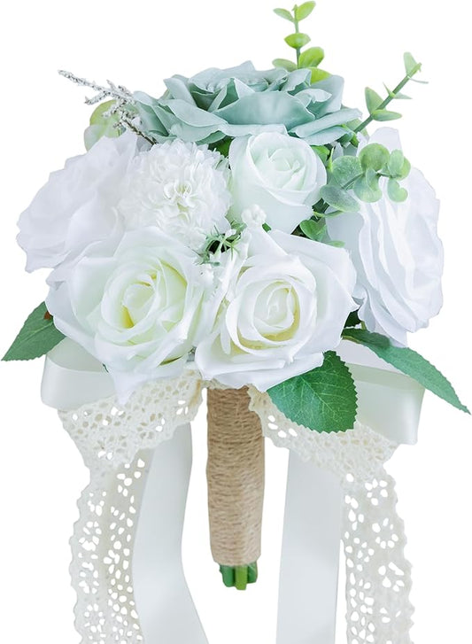 White Wedding Bouquets for Bride Bridesmaid, Artificial Sage Green Bride Flower Bouquet for Wedding Church Decoration Ceremony, Anniversary, etc, Roses Flowers