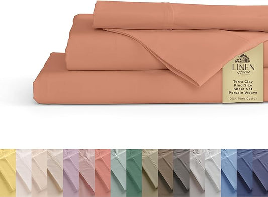 Linen Home 100% Cotton Percale Sheets King Size, Tera Clay, Deep Pocket, 4 Pieces Set - 1 Flat, 1 Deep Pocket Fitted Sheet and 2 Pillowcases, Crisp Cool and Strong Bed Linen