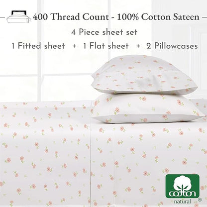 California Design Den Full Size Bed Sheets Set - 400 Thread Count Sateen, Natural 100% Cotton Sheets, Deep Pocket Cooling and Durable Bedding - Soft Floral