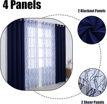 BONZER Mix and Match Curtains - 2 Pieces Branch Print Sheer Curtains and 2 Pieces Blackout Curtains for Bedroom Living Room Grommet Window Drapes, 37x84 Inch/Panel, Indigo, Set of 4 Panels