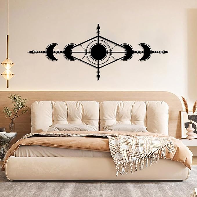 Hfrolixit Moon Phase Metal Wall Decor, Boho Moon Metal Wall Art, Celestial Wall Decor, Scandinavian Natural Wall Art, Astrology Wall Hanging (White, 53"x21"/135x54cm)