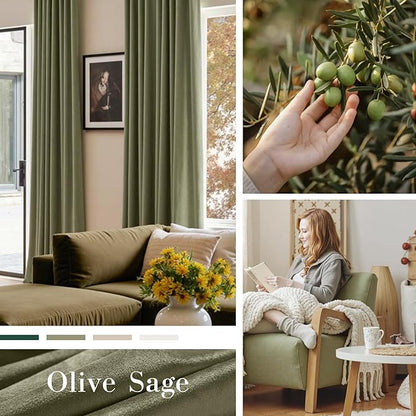 Lazzzy Velvet Blackout Curtains Thermal Insulated Room Window Drapes Super Soft Luxury Curtains for Living Room Bedroom Rod Pocket 2 Panels, Olive Sage, 42" W x 90" L