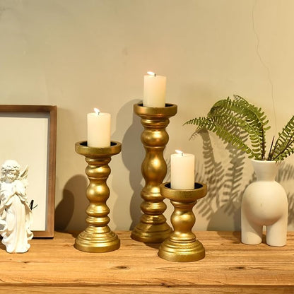SWALLOWLIVING Rustic Farmhouse Wood Pillar Candle Holder Set of 3 for Candlestick, Gold