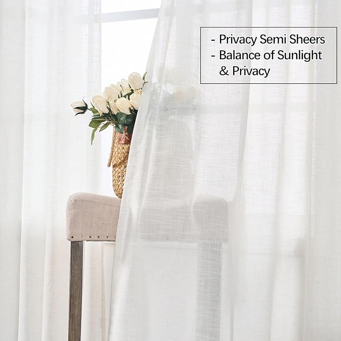 Neutral Linen Semi Sheer Curtains 102 Inch Long, Cream Textured Light Filtering Drapes for Living Room, Modern Farmhouse Window Decor, Floor to Ceiling Pinch Pleat Curtain with Hooks