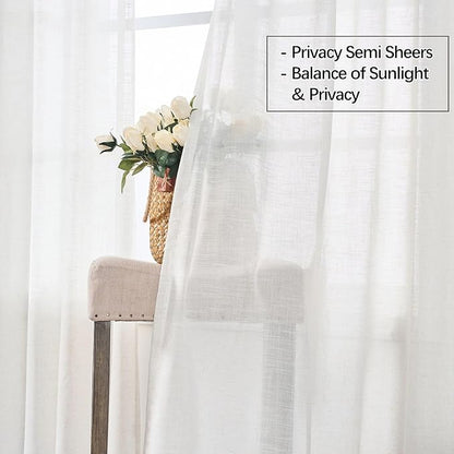 Neutral Linen Semi Sheer Curtains 96 Inches Long, Cream Textured Light Filtering Drapes for Living Room, Modern Farmhouse Window Decor, Privacy Pinch Pleat Curtain with Hooks