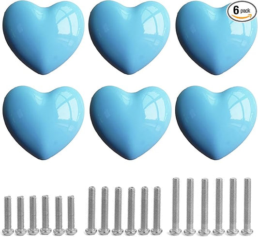 Ceramic Drawer Knobs Heart Shape Cabinet Dresser Pulls Handles with 3 Sized Screws, Kitchen Furniture Knobs for Closet Cupboard Wardrobe (6 Pack, Blue)