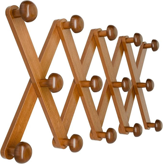 WGFKVAS Hat Rack for Wall with 14 Hooks, Solid Wooden, Expandable Coat Rack Wall Mount for Coats, Hats, Bags, Baseball Caps, Brown