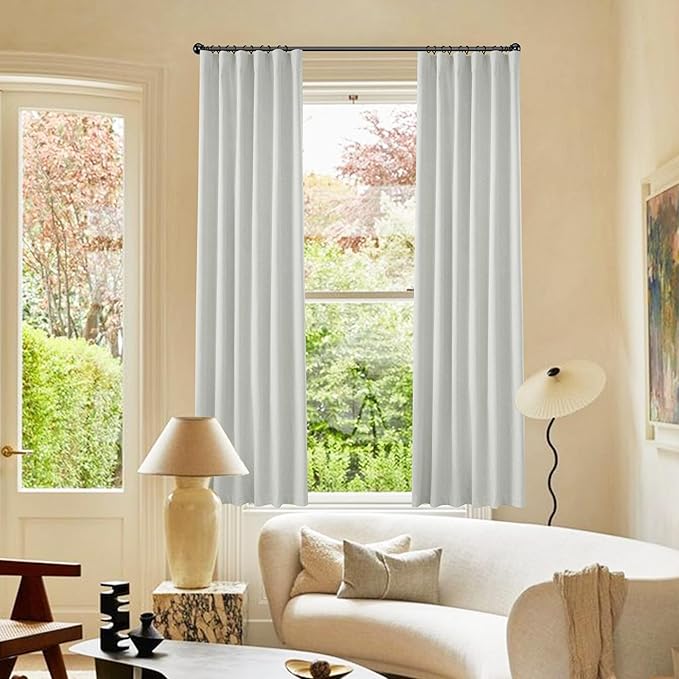 KangBang 100% Blackout Linen Curtains 63 Inches Long 2 Panels, Thermal Insulated Back Tab Loop Pocket Pleated Neutral Small Window Drapes for Bedroom, Greyish White,52x63
