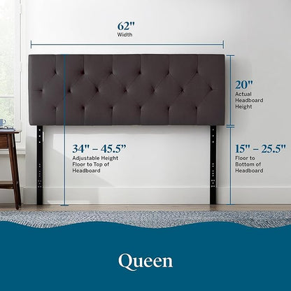 Lucid Mid-Rise Upholstered Headboard - Diamond Tufted - Padded Polyester - Adjustable Height from 34” to 46” - Easy Assembly - Bed Frame or Wall Mount - Sturdy - Charcoal - Queen Size