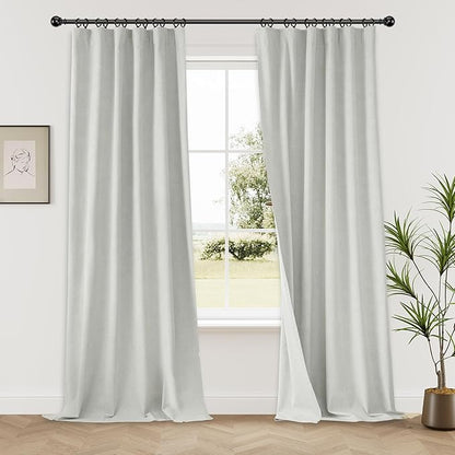 Extra Long Blackout Linen Curtains for Bedroom 102 Inches Long, Back Tab Hook Belt Loop Pocket Linen Drapes 2 Panels Set, Nursery Light Blocking Curtains, 52" W x 102" L, Greyish White