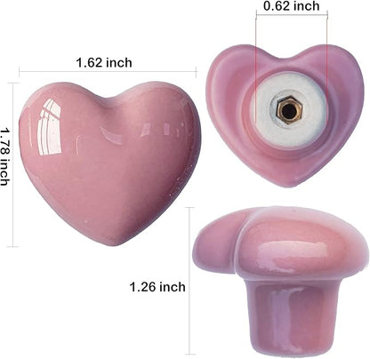 Ceramic Drawer Knobs Heart Shape Cabinet Dresser Pulls Handles with 3 Sized Screws, Kitchen Furniture Knobs for Closet Cupboard Wardrobe (2 Pack, Pink)