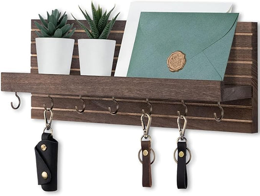 Decorative Key Holder for Wall with Shelf, Entryway Shelf with Hooks Holds Leashes, Jackets and Glasses – Sturdy Wood Keyholder Entrance Hanger with Mounting Hardware (Brown, Large)